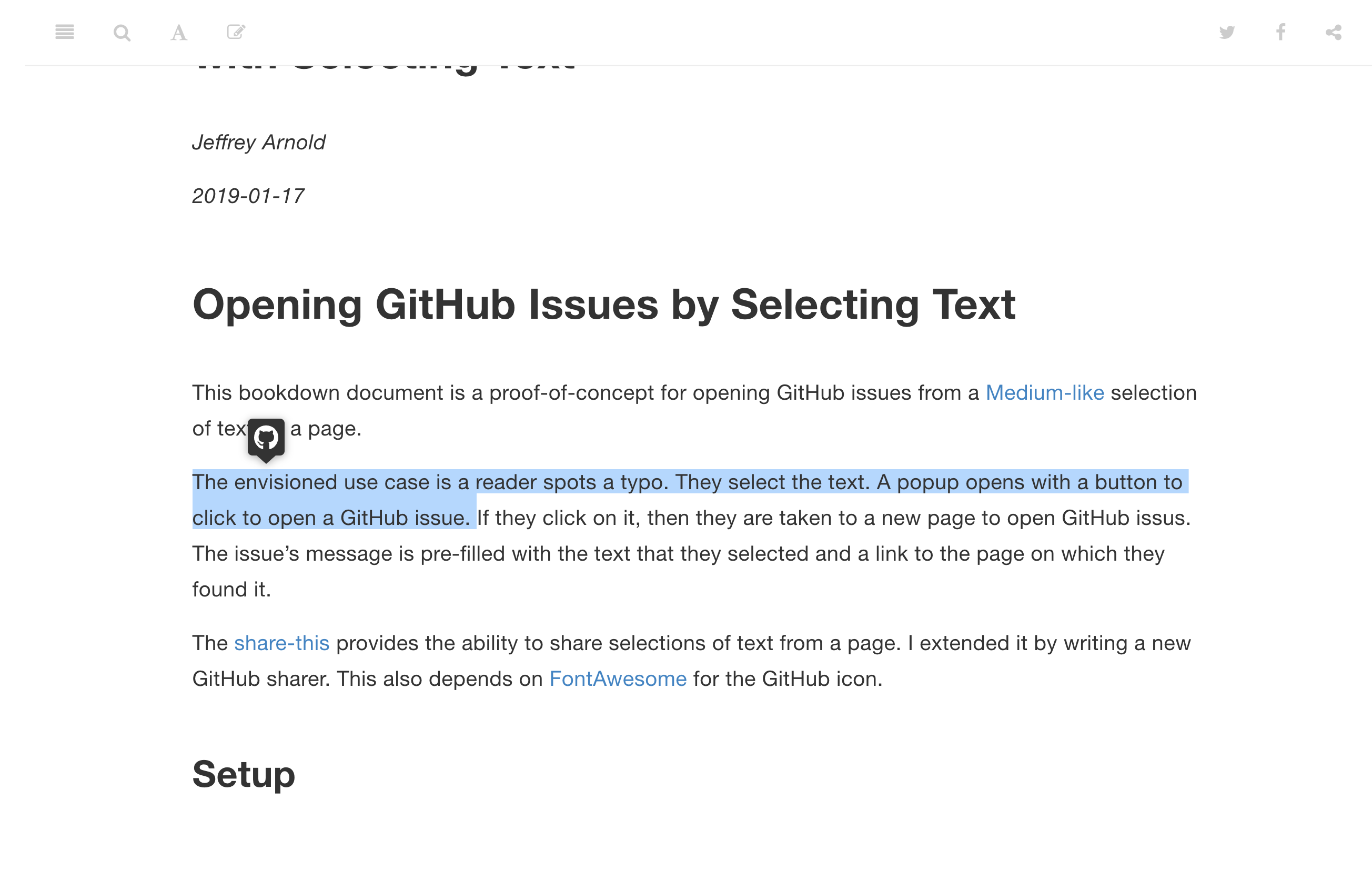 Screenshot of text selected on a page with a popover that has a GitHub icon