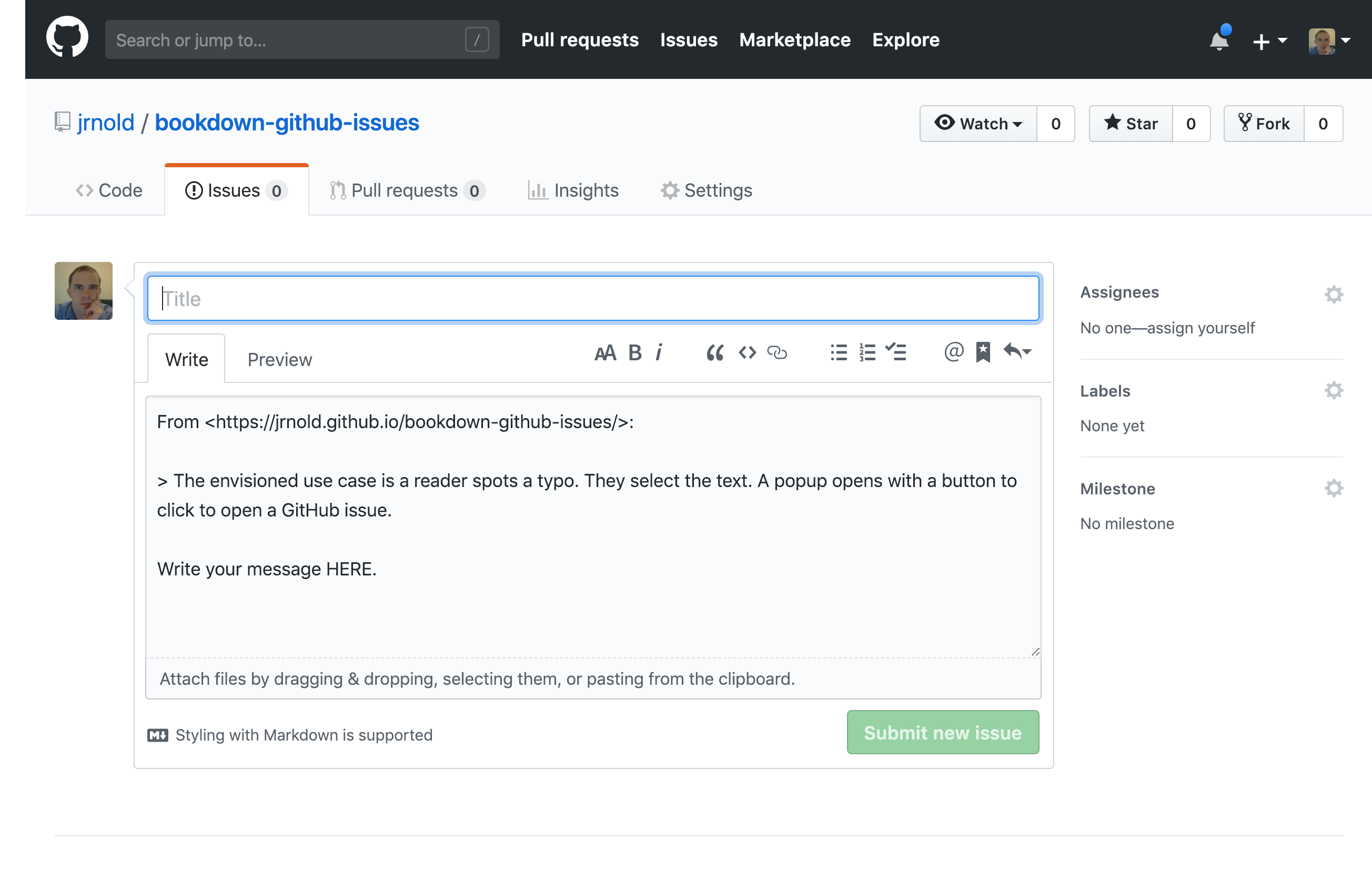 Screenshot of a new GitHub issue pre-filled with the selected text